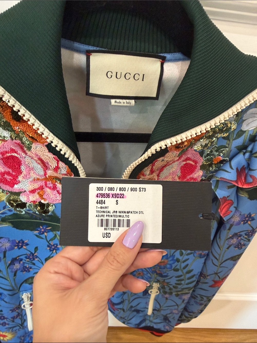 Gucci Light Blue Floral Appliqué Bomber Jacket - Picture 6 of 14